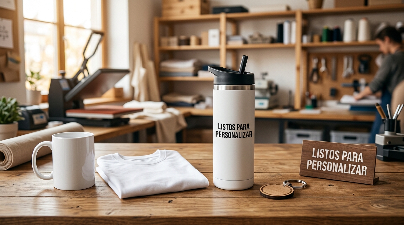 Artículos en blanco listos para personalizar: tazas, camisas, termos y llaveros